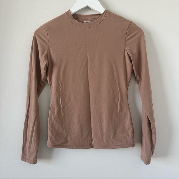 Pumiey Women's Long Sleeve T Shirt Crew Neck Slim Fit Top Basic Tee Nude Brown - Picture 2 of 10